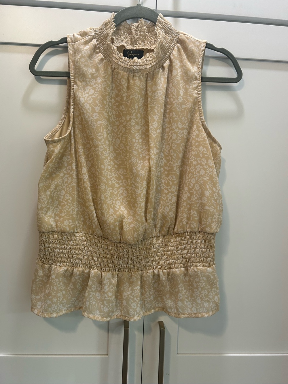Japna Beige Floral Smocked Waist Sleeveless Blouse